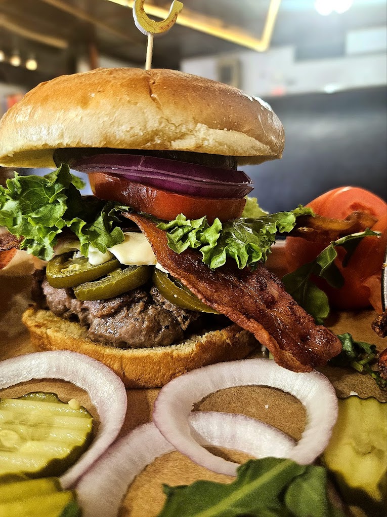 A stacked Horseshoe burger with fries